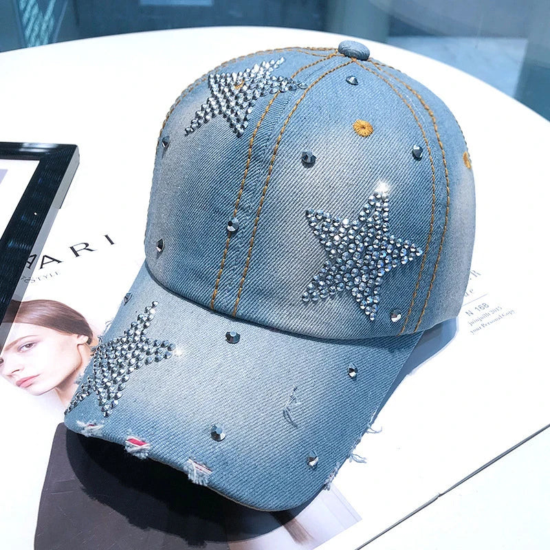 Berretto Da Baseball Da Donna In Denim Con Stella Di Strass Regolabile Snapback Con Visiera Alla Moda