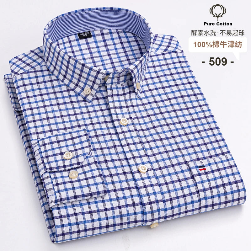 Camicia Da Uomo In Cotone Oxford A Quadri Maniche Lunghe Vestibilità Regolare Con Tasca Frontale