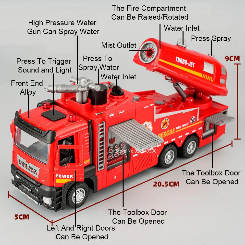 Scala 1:32 Spruzzo D'Acqua Camion Pompieri Modello Con Suono Luce Porte Apribili Tirare Indietro Regalo Ragazzi
