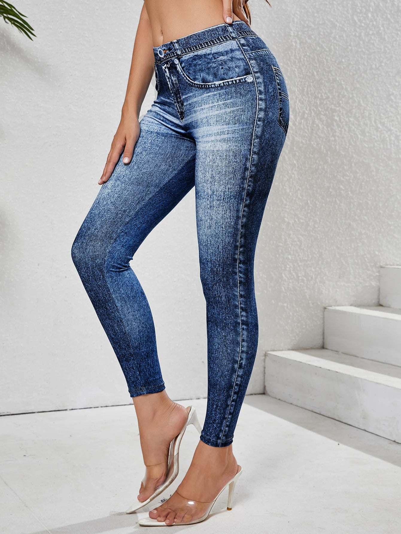 Leggings Denim Imitazione Da Donna Con Tasche Pantaloni Yoga Palestra Comfort Elasticizzati Da Indossare Ogni Giorno