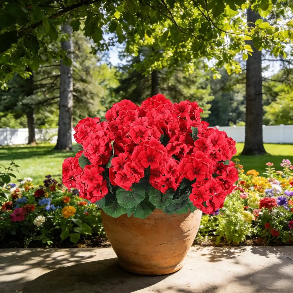 Gerani Artificiali UV Resistente 6 Pezzi Rosso Fiori di Seta per Esterno in Vaso e Centrotavola