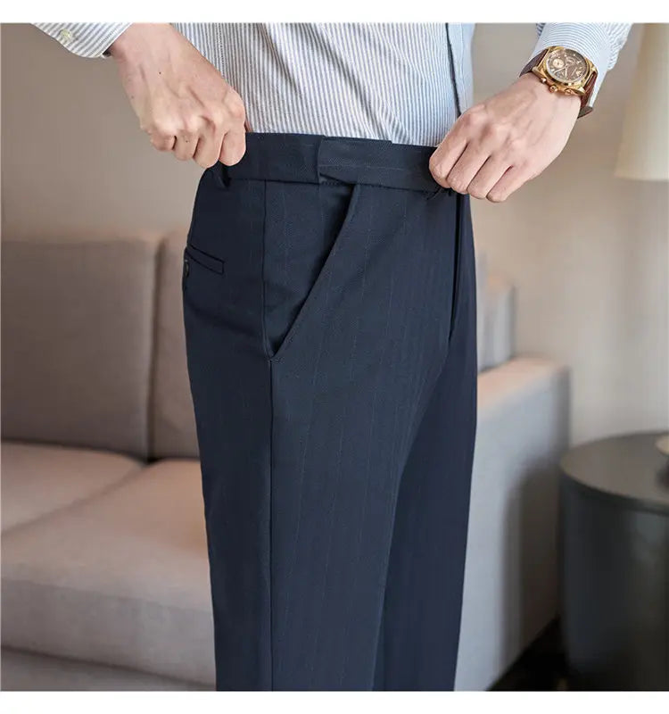 Pantaloni Da Abito Inverno In Lana Spessa Con Vita Elastica Gessati E Tinta Unita Per Uomo