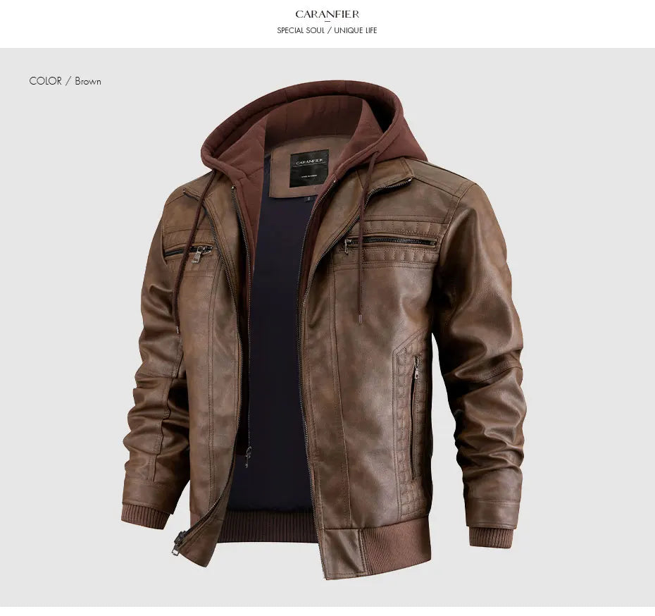 Giacca Di Pelle Per Uomo Moto Biker Con Cappuccio Lusso Vintage Abbigliamento Uomo Grintoso