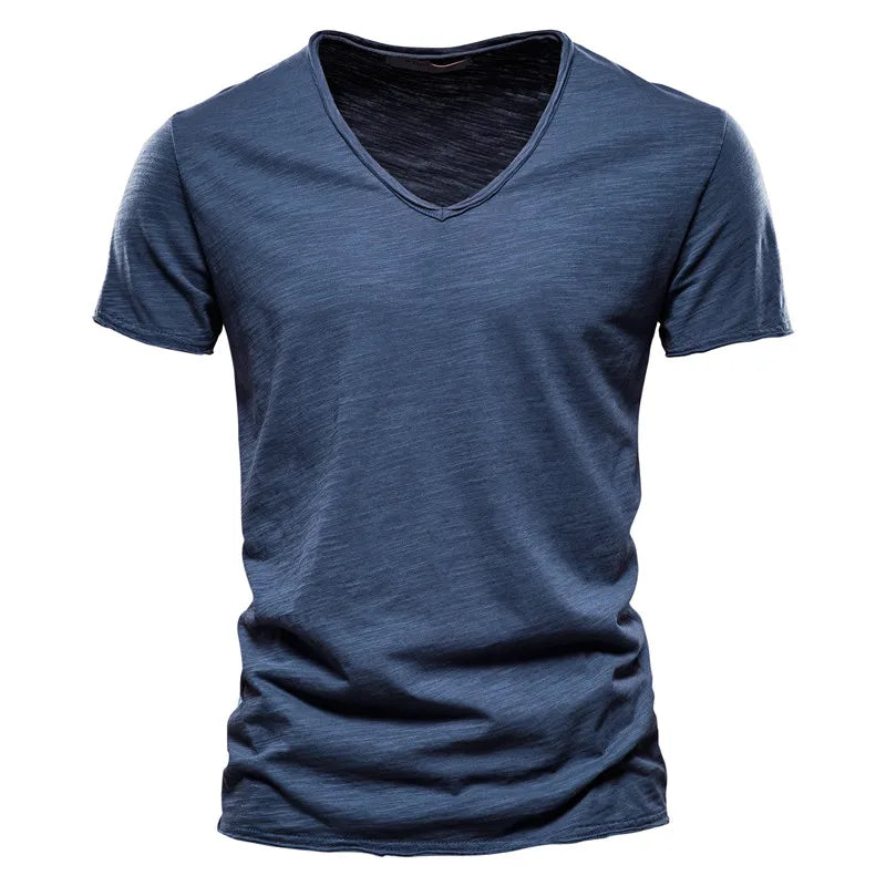 Maglietta Uomo Cotone 100 Percento Con Scollo A V Slim Fit Colore Solido Manica Corta