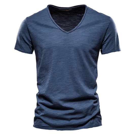 Maglietta Uomo Cotone 100 Percento Con Scollo A V Slim Fit Colore Solido Manica Corta