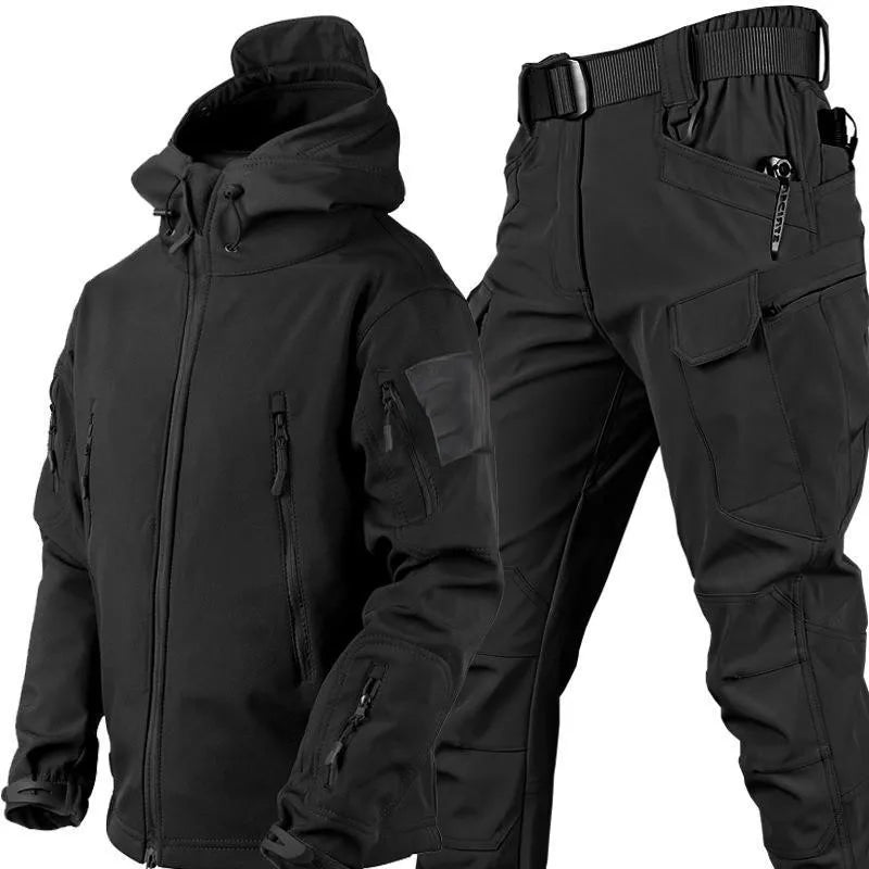 Completo Tattico Mimetico Uomo Giacca Impermeabile Con Cappuccio Zip Pantaloni Softshell Militari Tuta Invernale Pile