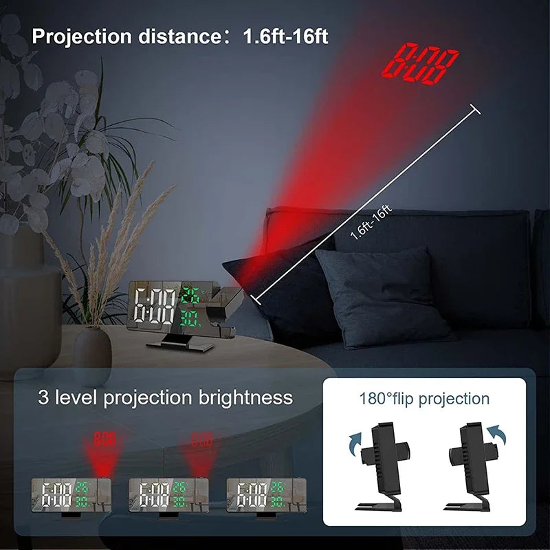 Sveglia Digitale LED Orologio Proiezione da Soffitto con Display della Temperatura Snooze Retroilluminato per la Casa