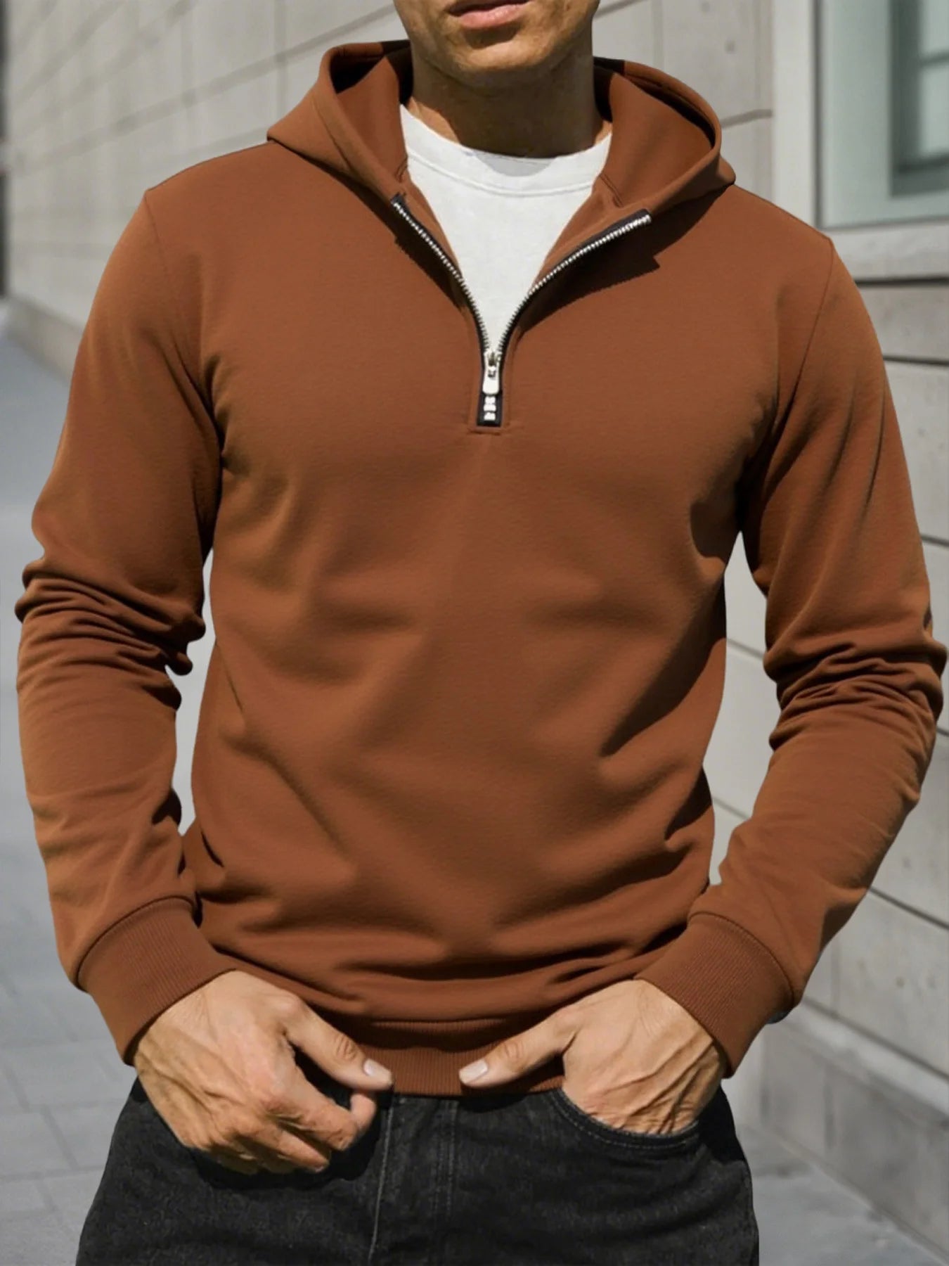 Felpa Con Cappuccio Da Uomo Casual Autunno Calda Solida Con Maniche Lunghe Mezza Cerniera Per Sport Aperto Quotidiano