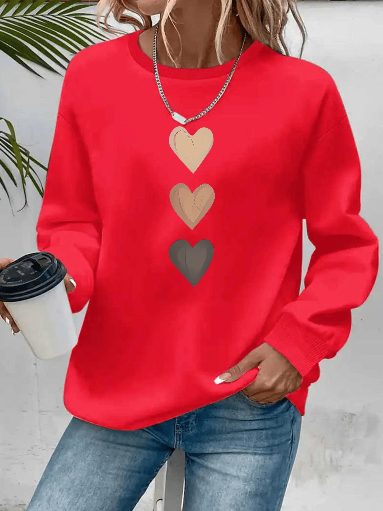 Felpa Donna Con Stampa Cuore Design Geometrico Manica Lunga Girocollo Lavabile In Lavatrice Vestibilità Regolare Autunno