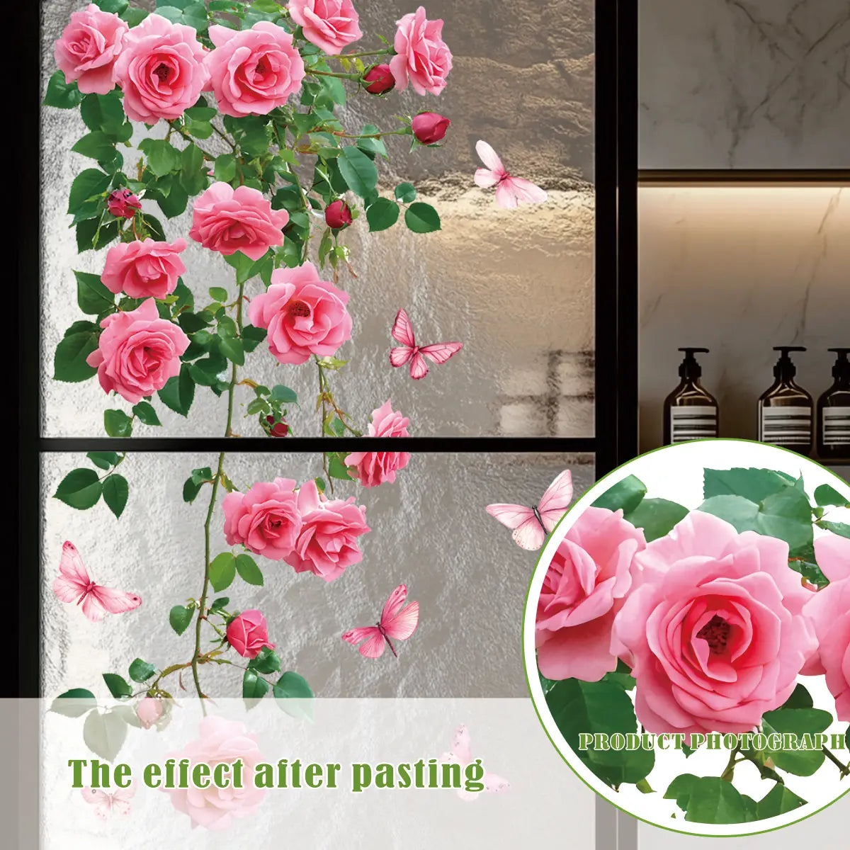 Decalcomania Per Finestra Fiore Vite Rosa E Farfalla Adesivo In PVC Per Parete Bagno Soggiorno Letto Porta In Vetro