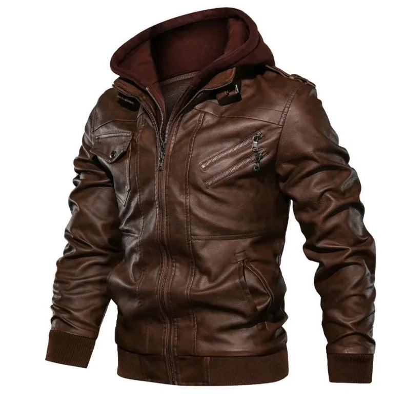 Giacca Da Moto In Finta Pelle Marrone Per Uomo Con Cappuccio Rimovibile In PU Apparway EU Taglia Alta Qualità