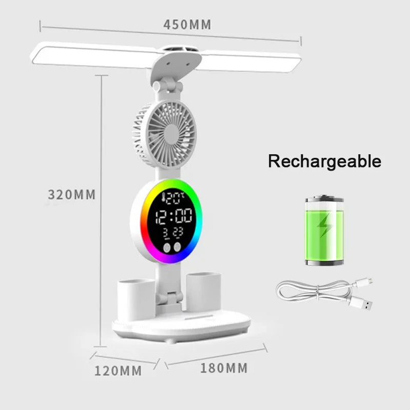Lampada Da Tavolo Led Con Ventilatore Orologio Ricaricabile Luminosità Regolabile Per Studio Scrivania