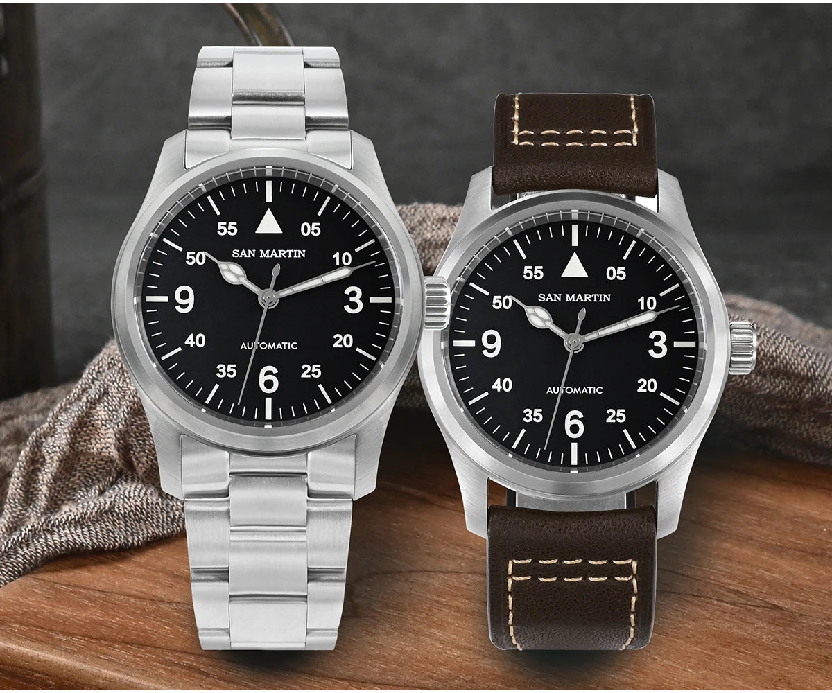 Orologio Da Pilota Da Uomo San Martin 37mm Meccanico Automatico 100m Impermeabile Stile Militari BGW 9