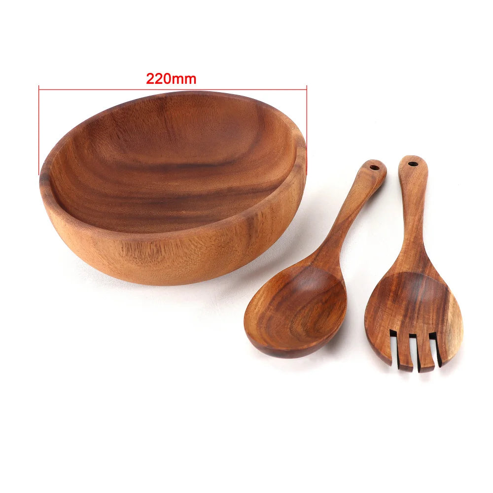 Jaswehome Set Tre Pezzi Ciotole In Legno Di Acacia Naturale Con Cucchiaio E Forchetta Per Servire