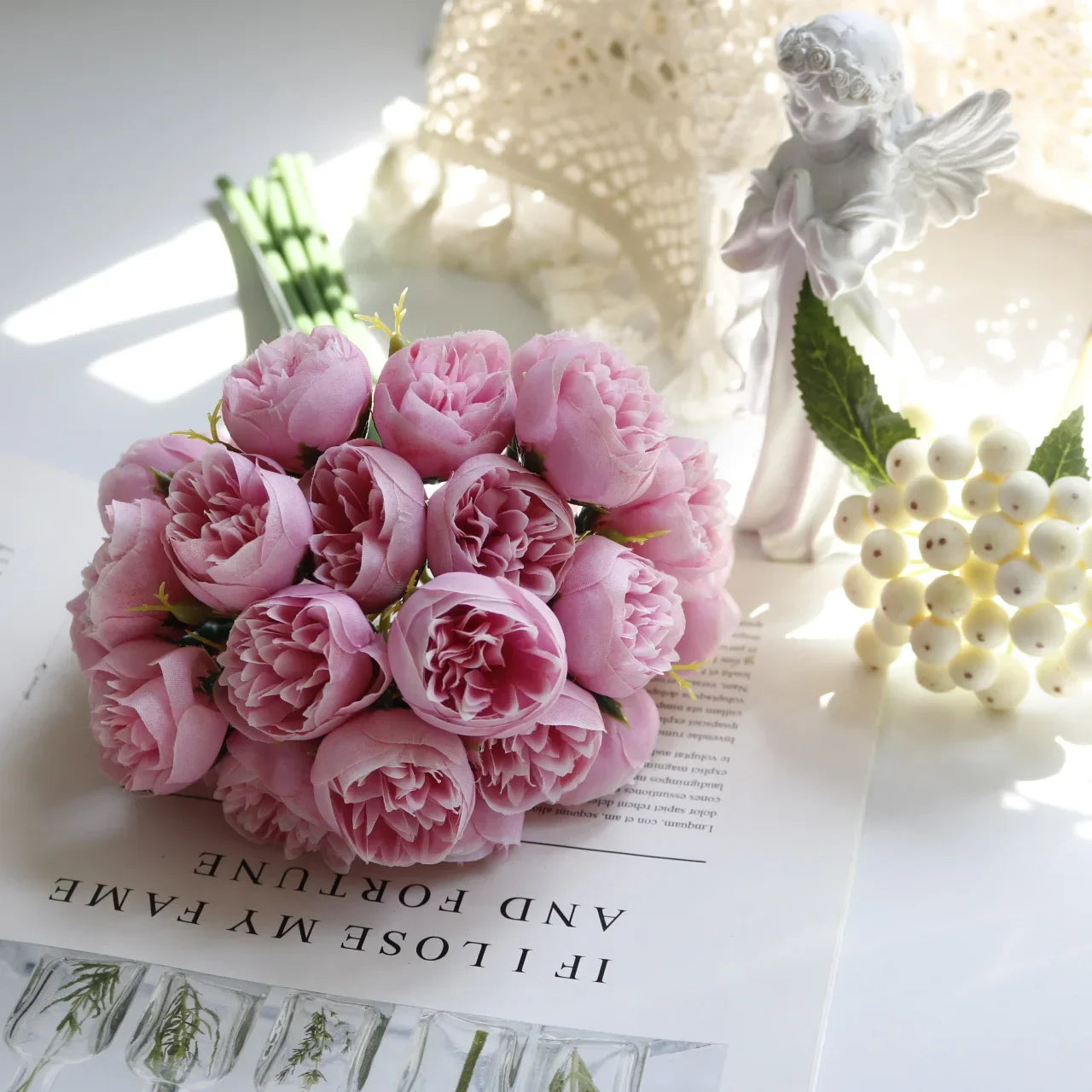 Rosa Rosa Peonia Fiori Artificiali In Seta Bouquet Da 27 Teste Per Vaso Da Tavolo Decorazione Nozze Casa
