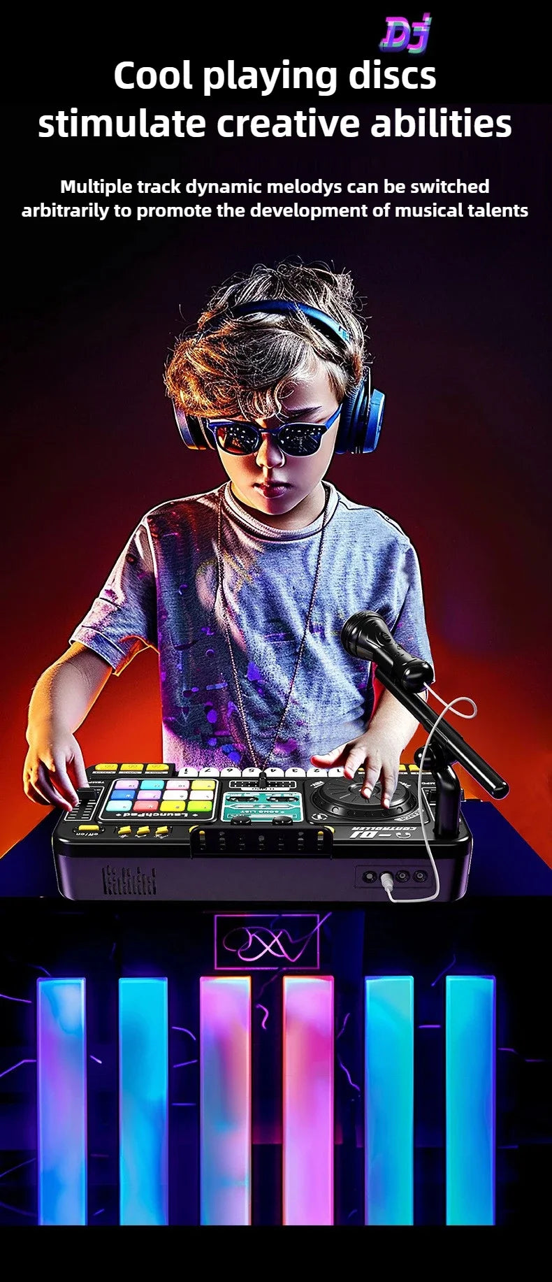 Controller DJ per bambini Mixer giocattolo musicale con microfono Luce a LED Gioco musicale elettronico Giradischi DJ per regali di compleanno per bambini