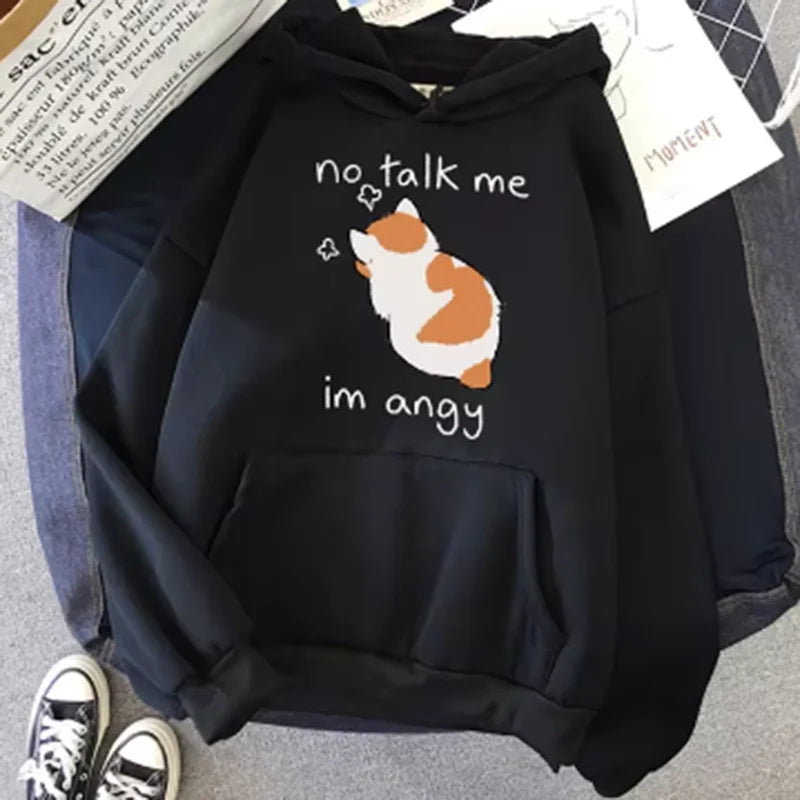 Felpa Con Cappuccio Oversize Donna Stampa Gatto Arrabbiato No Talk Me Cute Hip Hop Streetwear Pile Morbido