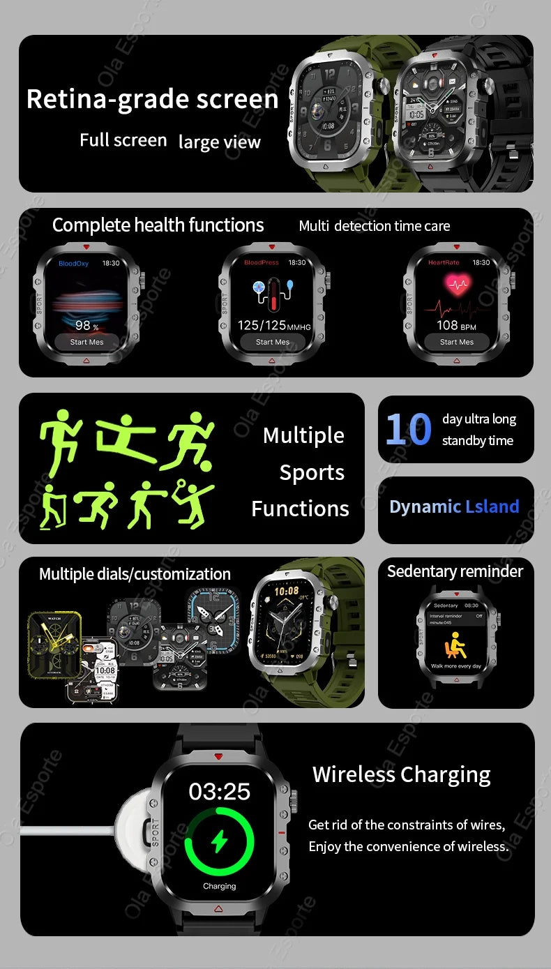 Smartwatch Militare Per Uomo 2026 IP67 3ATM GPS Bluetooth Salute Pressione Sanguigna Chiamate
