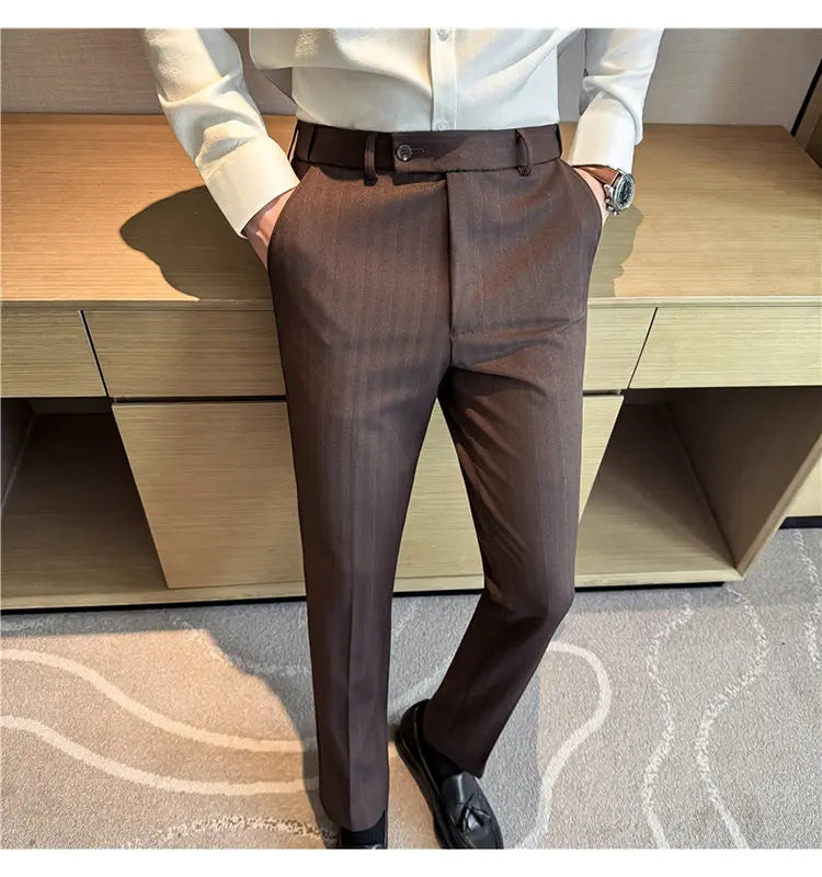 Pantaloni Da Abito Inverno In Lana Spessa Con Vita Elastica Gessati E Tinta Unita Per Uomo