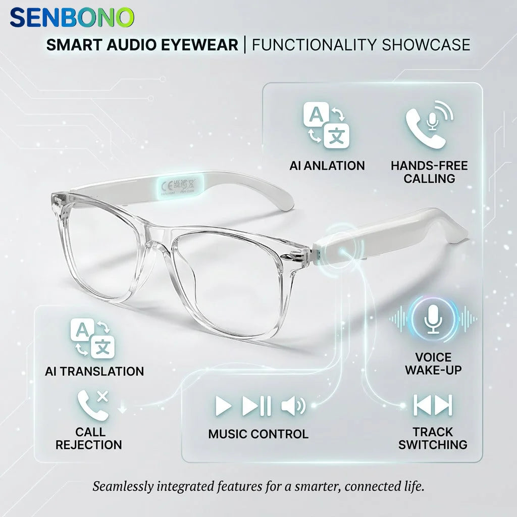 Occhiali Audio Intelligenti Senbono 2026 Traduzione AI Oltre 100 Lingue Chiamate Bluetooth Musica Occhiali Da Sole