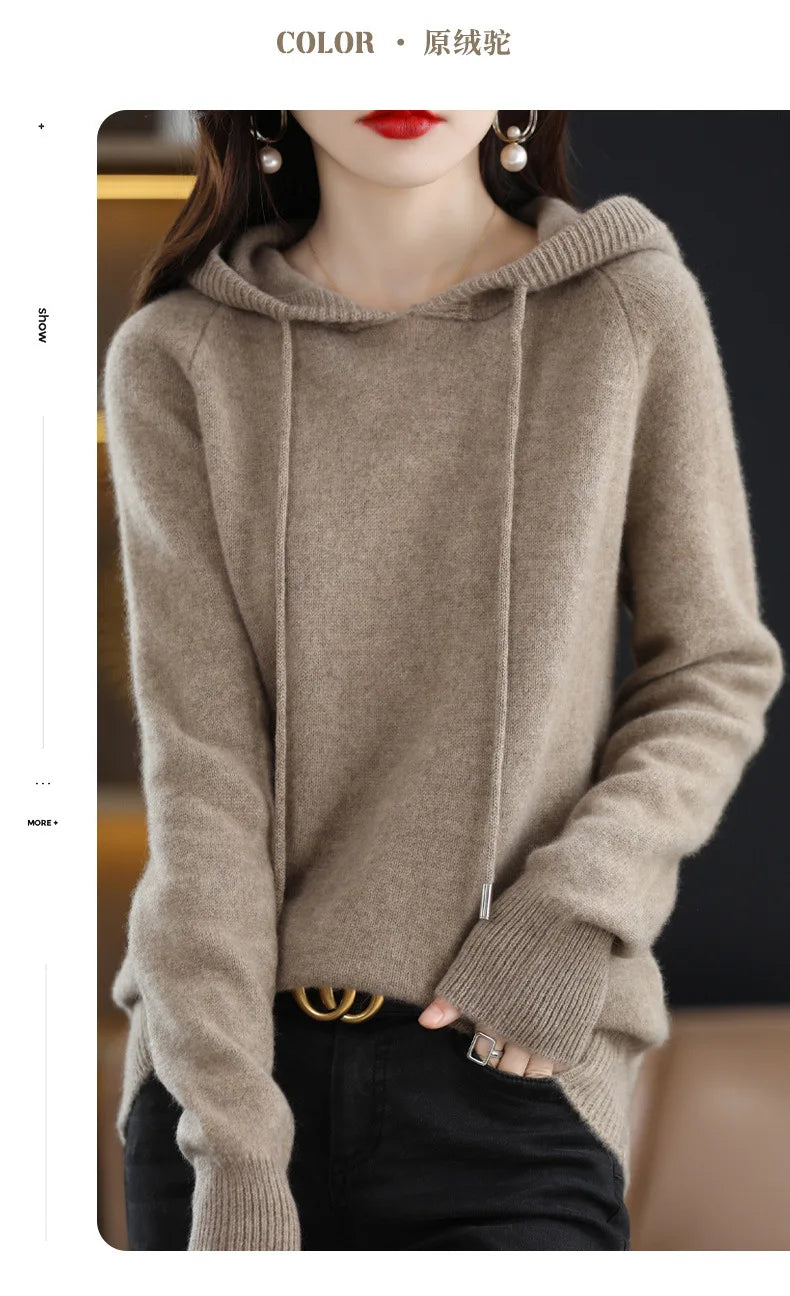 Maglione Con Cappuccio Donna Autunno Inverno Maniche Lunghe Tinta Unita Felpa Lavorata A Maglia Con Coulisse Allentate