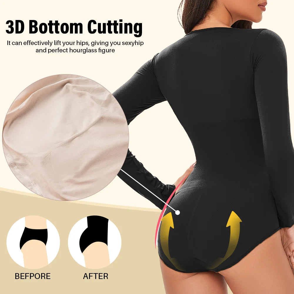 Pokarla Body Suit Spandex Elastico Shapewear Donna Controllo Pancia Manica Lunga Cavallo Aperto Girocollo Shaper