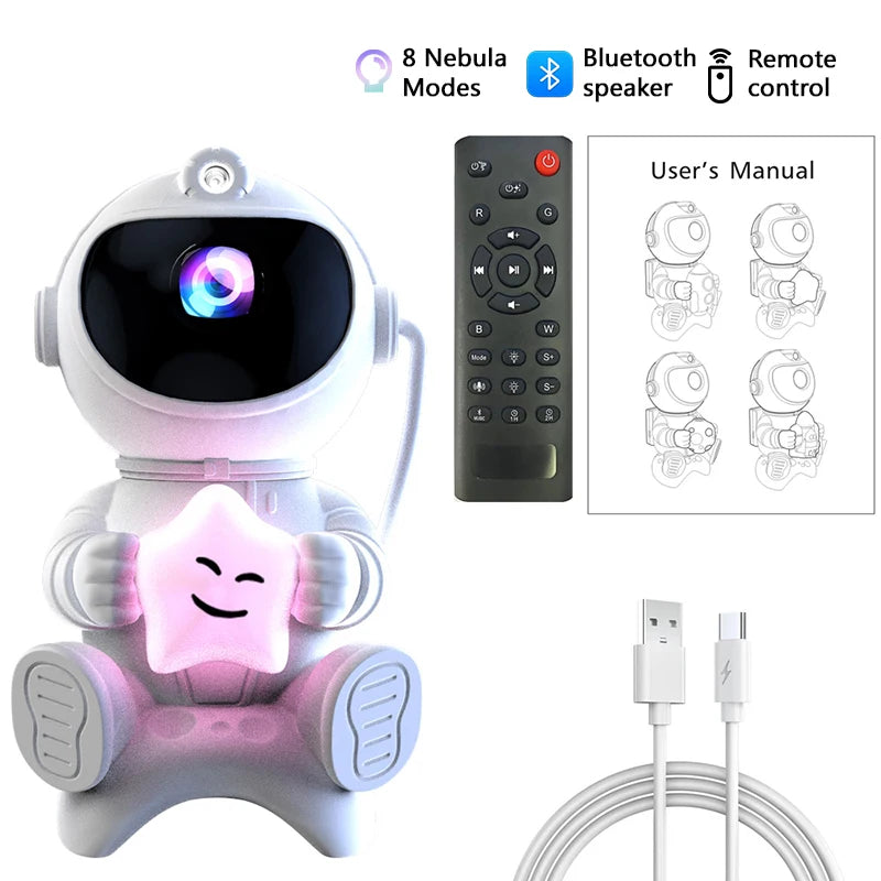 Proiettore galassia astronauta Proiettore luce notturna stella e luna Timer remoto Bluetooth 360 ° Angolo regolabile per regalo per bambini in camera da letto