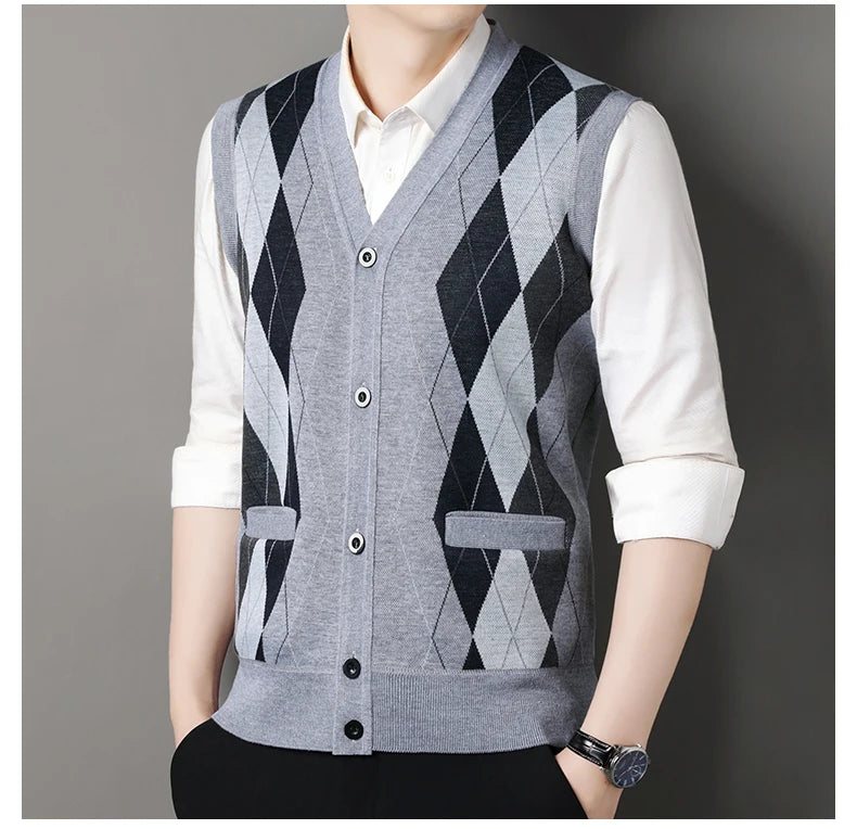 Gilet Maglione Da Uomo Con Scollo A V Senza Maniche Lavorato A Maglia Tinta Unita Con Motivo A Rombi