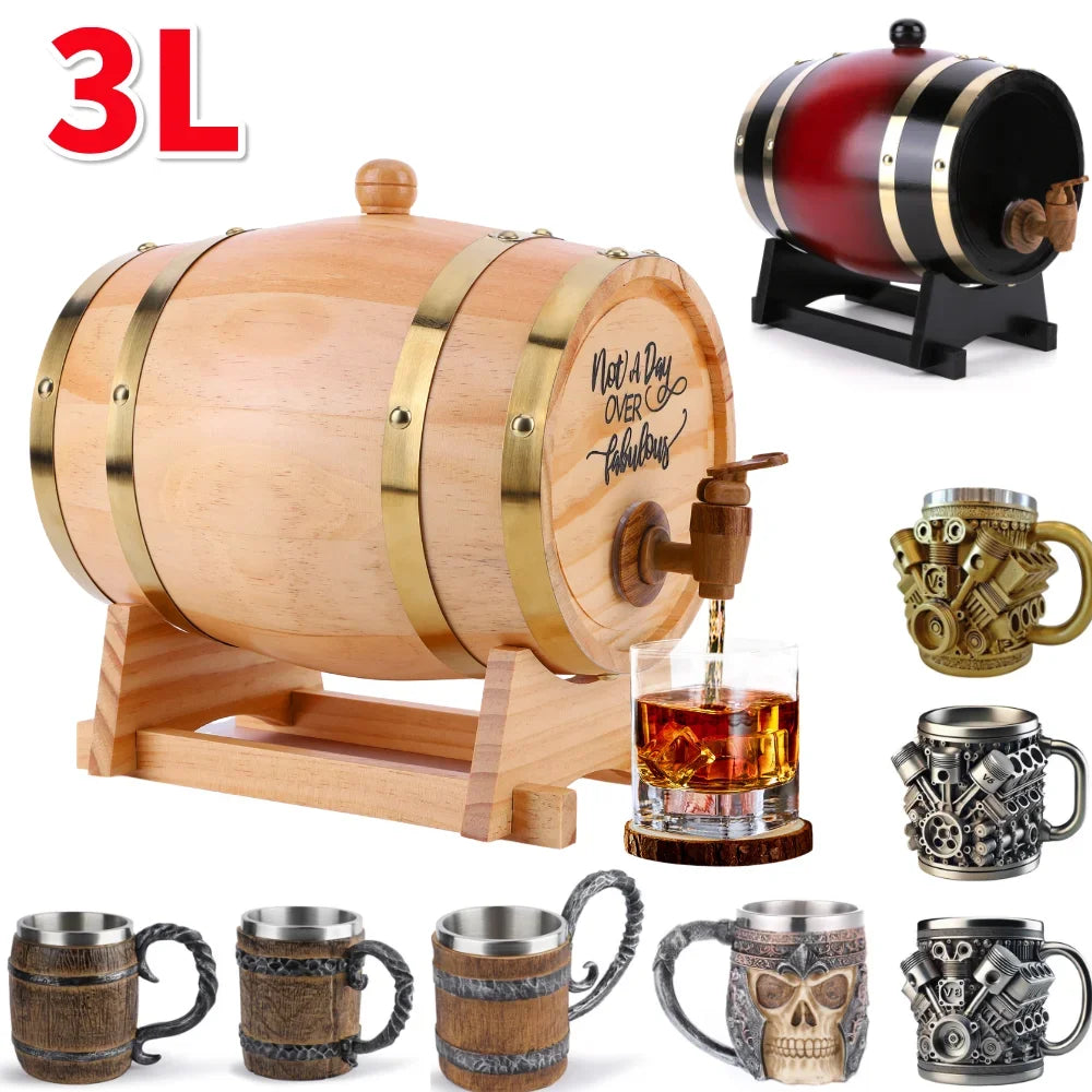 Barile In Legno Per Whisky 3L Con Tappo Rubinetto E Supporto Dispenser Per Cocktail E Appassionati