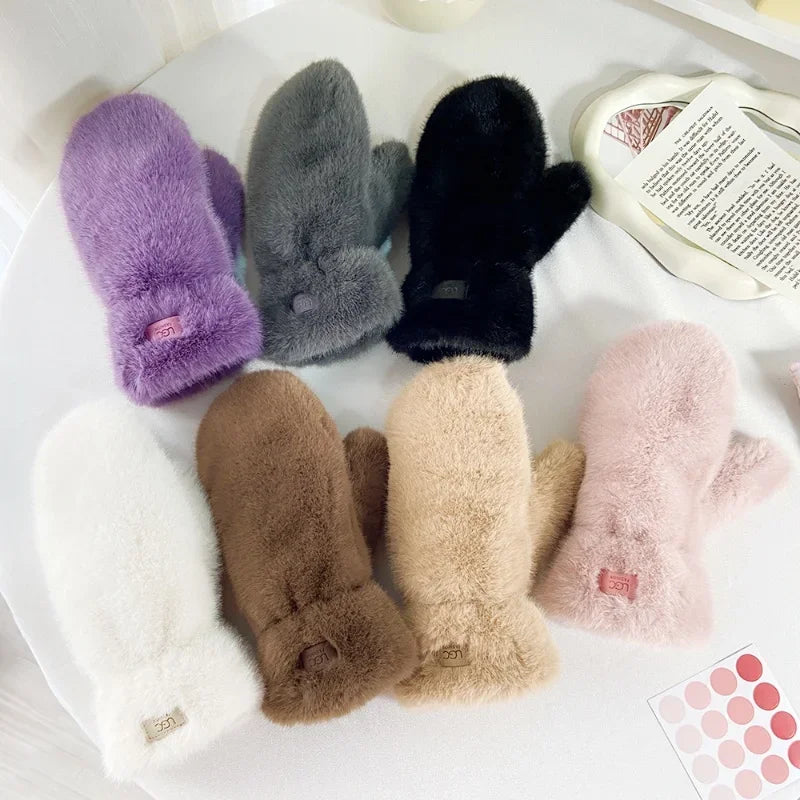 Guanti In Peluche Spessi E Caldi Con Cashmere E Pelliccia Di Coniglio Imitazione Per Donne Antivento Con Dita Intere