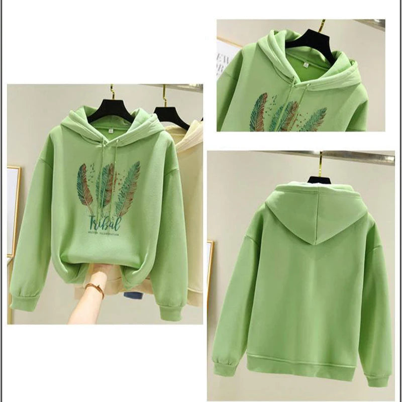 Felpa Con Cappuccio Stampata Con Piume Donna Autunno Inverno In Velluto Casual Oversize