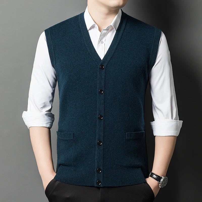 Gilet Spesso In Lana Di Pecora Uomo Casual Scollo A V Caldo Autunno Inverno Cardigan Monopetto In Lana Di Cashmere