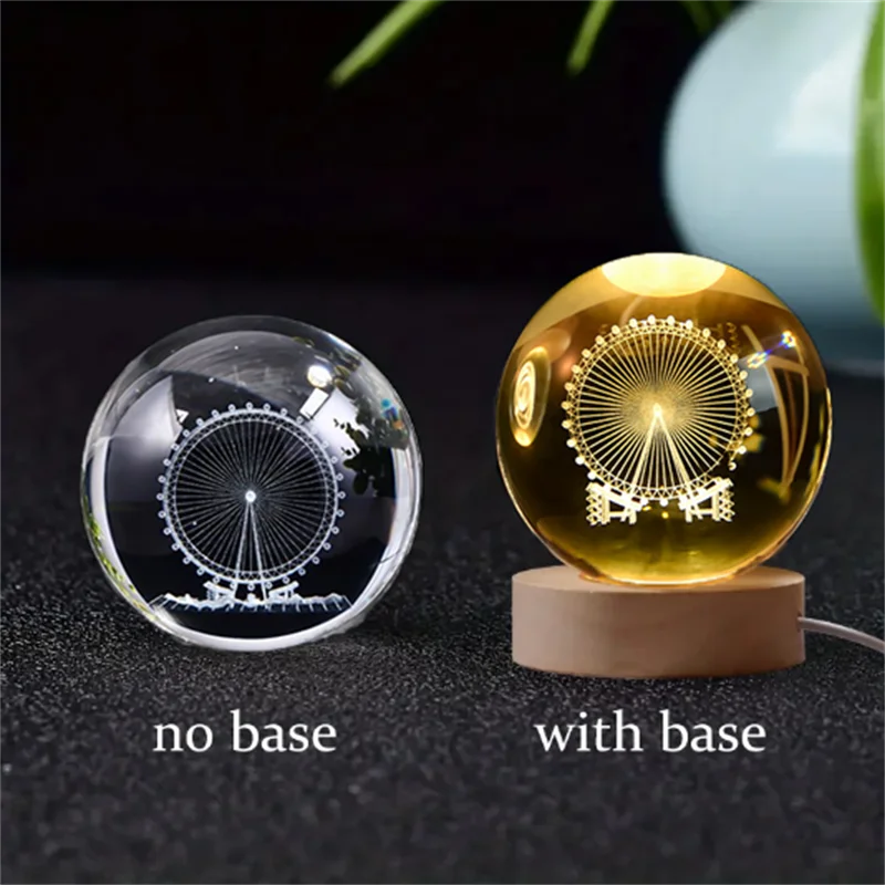 Lampada Notturna Sfera di Cristallo Incisa al Laser Regalo di Compleanno Decorazione da Scrivania con Base USB in Legno