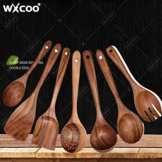 Wxcoo Cucchiai Da Cucina In Legno Di Teak Naturale Set Spatole E Paletta In Legno Antiaderente Utensili Da Cucina