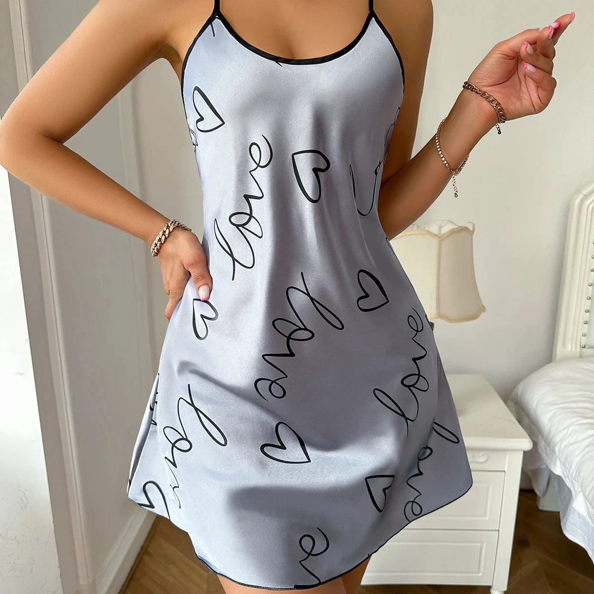 Slip Dress In Seta Ghiaccio Collo A U Da Donna Pigiama Sottile Traspirante Stampa Senza Schiena