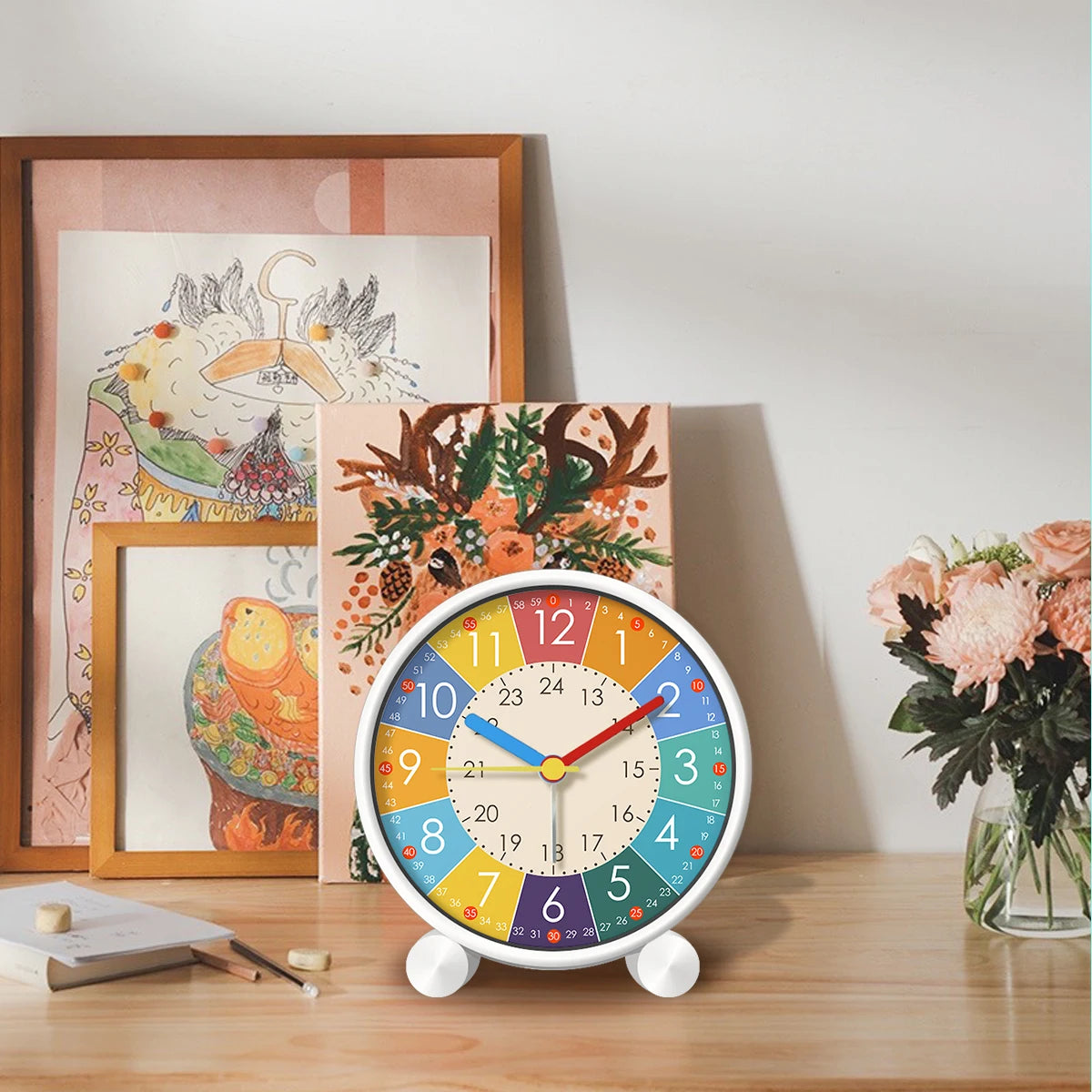 Sveglia Educativa per Bambini Carina Rotonda Silenziosa per Camera da Letto Desktop Decorazione Animale