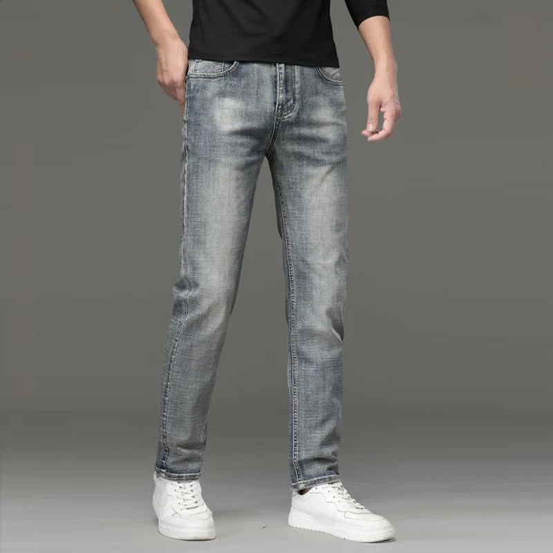 Jeans Uomo Slim Fit Vintage Di Fascia Alta In Denim Pesante Caldo Pantaloni Grigi Casual Versatili Dritti Quotidiani