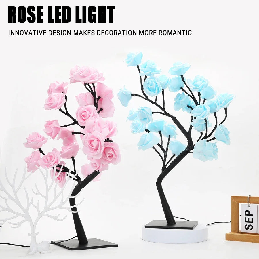 Lampada Da Tavolo A LED Albero Di Fiori Di Rosa Con Luci Notturne USB Decorazione Domestica Per Letto Nozze Natale