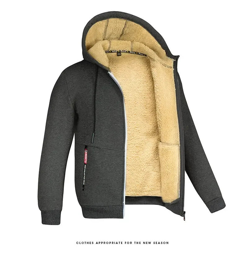 Felpa con Cappuccio Calda da Uomo con Fodera in Pile di Agnello Spessa Zip Antivento Abbigliamento Sportivo Casual