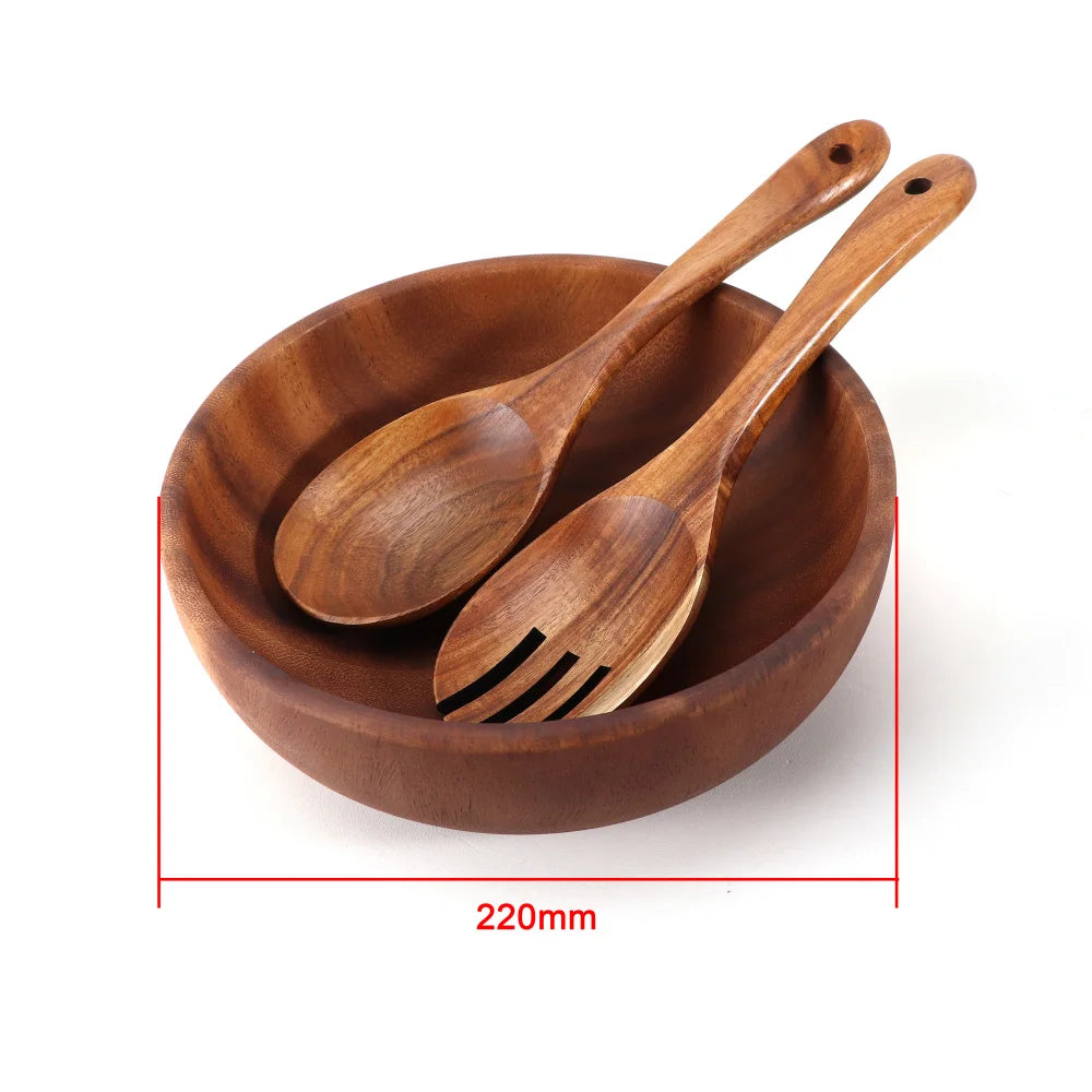 Jaswehome Set Tre Pezzi Ciotole In Legno Di Acacia Naturale Con Cucchiaio E Forchetta Per Servire