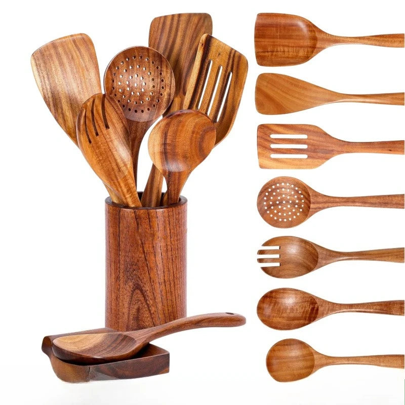 Set Utensili Da Cucina In Legno Con Portautensili 5 6 7 8 9 10 Cucchiai Ecologici
