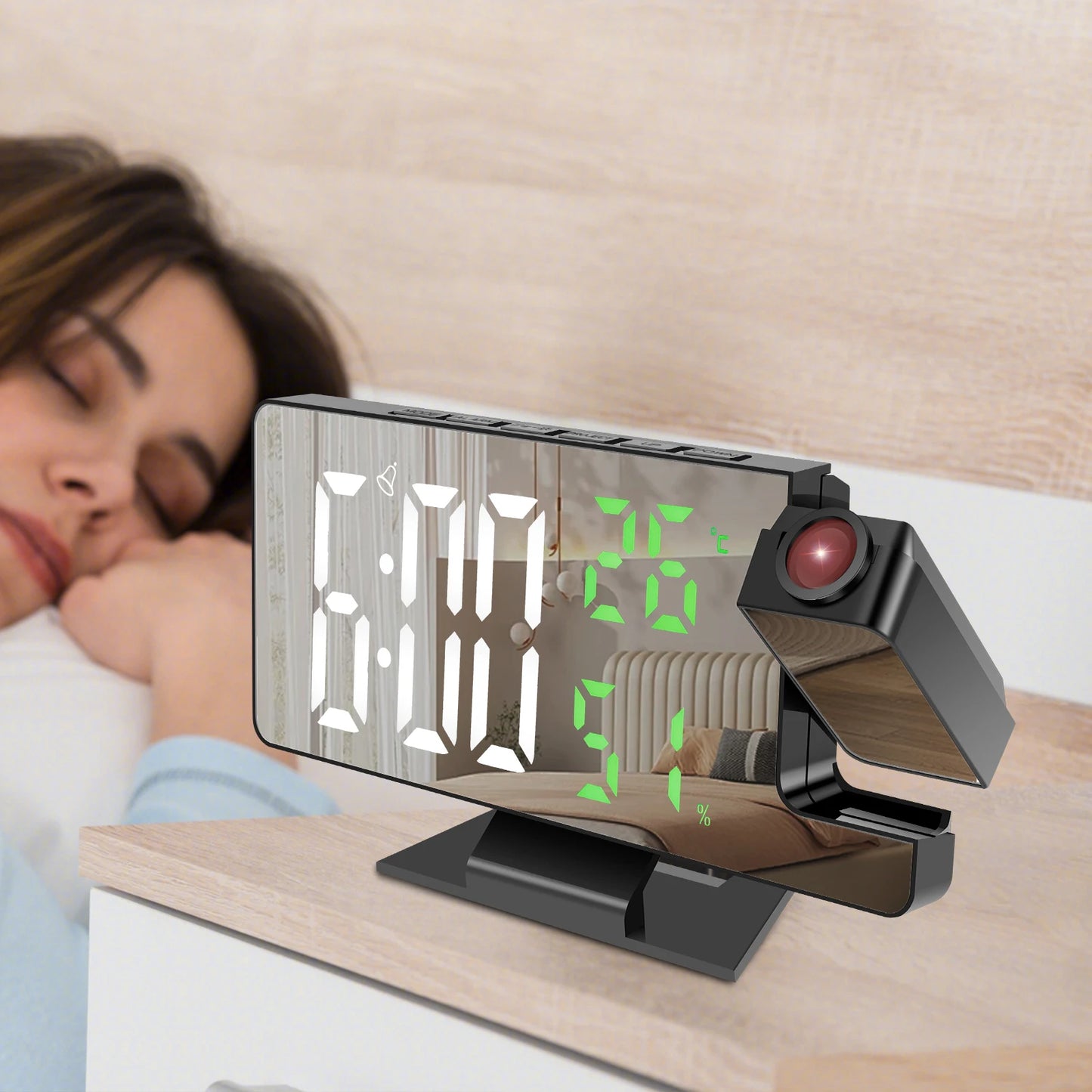 Sveglia Digitale a LED con Proiezione 180 Gradi Schermo Grande a Specchio Orologio da Tavolo per Ufficio e Casa