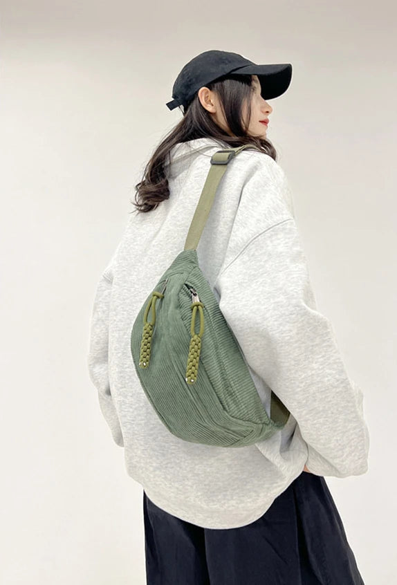 Marsupio da Donna in Velluto a Coste di Grande Capacità Borsa da Petto Stile Street Borsa a Tracolla Cintura Casual
