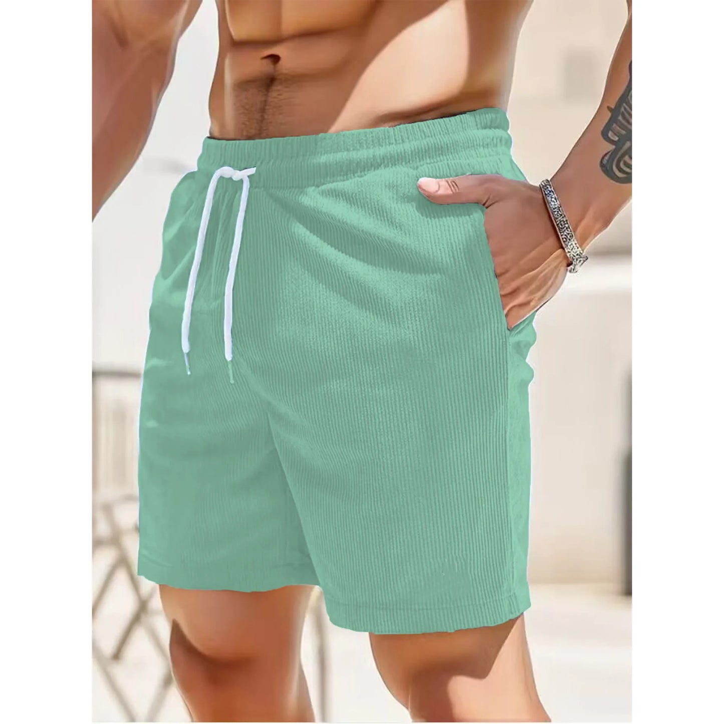 Pantaloncini Estivi Da Uomo In Velluto A Coste Tinta Unita Con Lacci Casual E Semplici