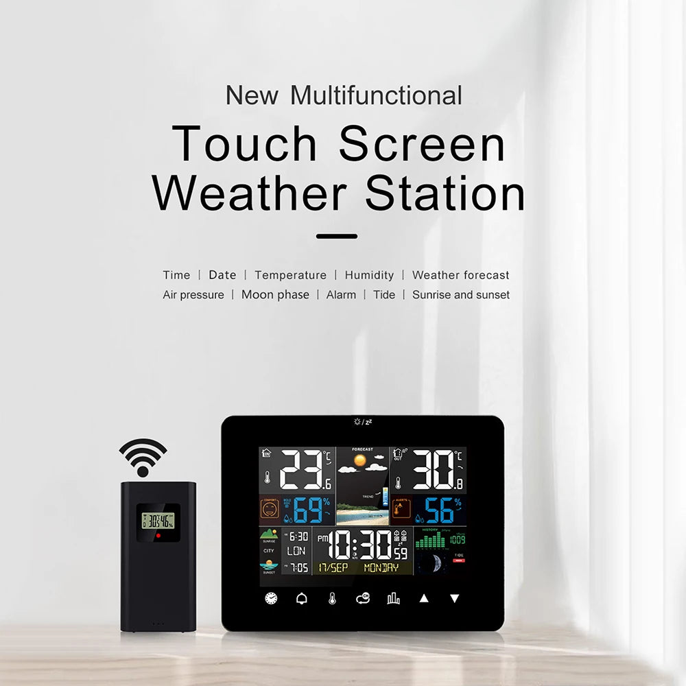 Stazione Meteo Multifunzionale Sveglia Touch Screen Termometro Igrometro Con Sensore Wireless Alba Tramonto Igrotermografo
