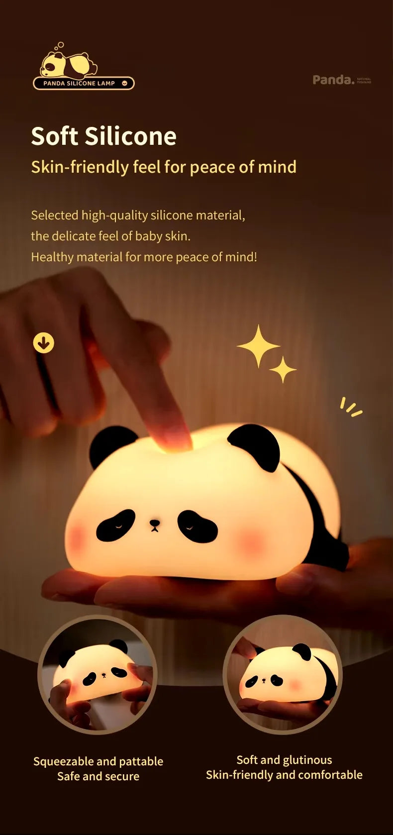 Lampada Notturna Panda Ricaricabile con Sensore Touch Silicone Dimmerabile Led per Comodino per Bambini Regalo