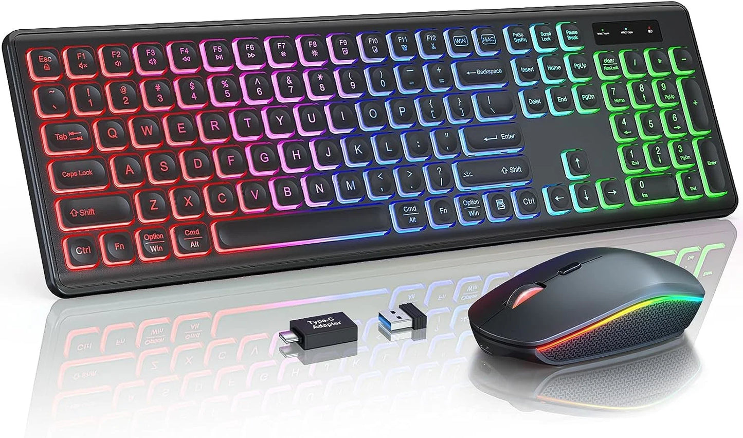 Combinazione Tastiera E Mouse Wireless Retroilluminati Ricaricabili Modalità Sleep 2,4 GHz Tasti Illuminati Ergonomico