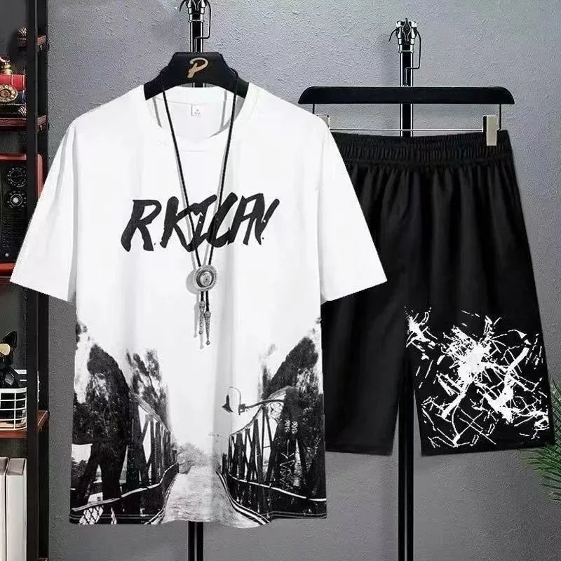 Set Estate da Uomo Manga Graffiti T Shirt Pantaloncini 2 Pezzi Comodo Traspirante con Stampa