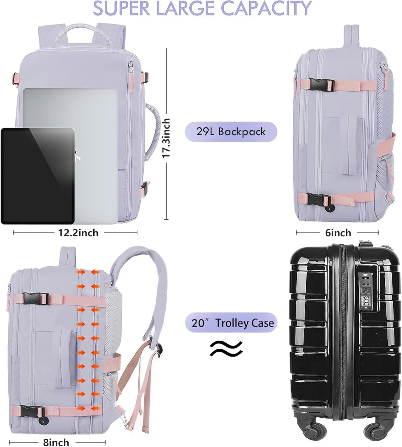Zaino Da Viaggio Unisex Per Laptop Da 15 Pollici Grande Capacità 36 55 Litri Per Oggetti Personali