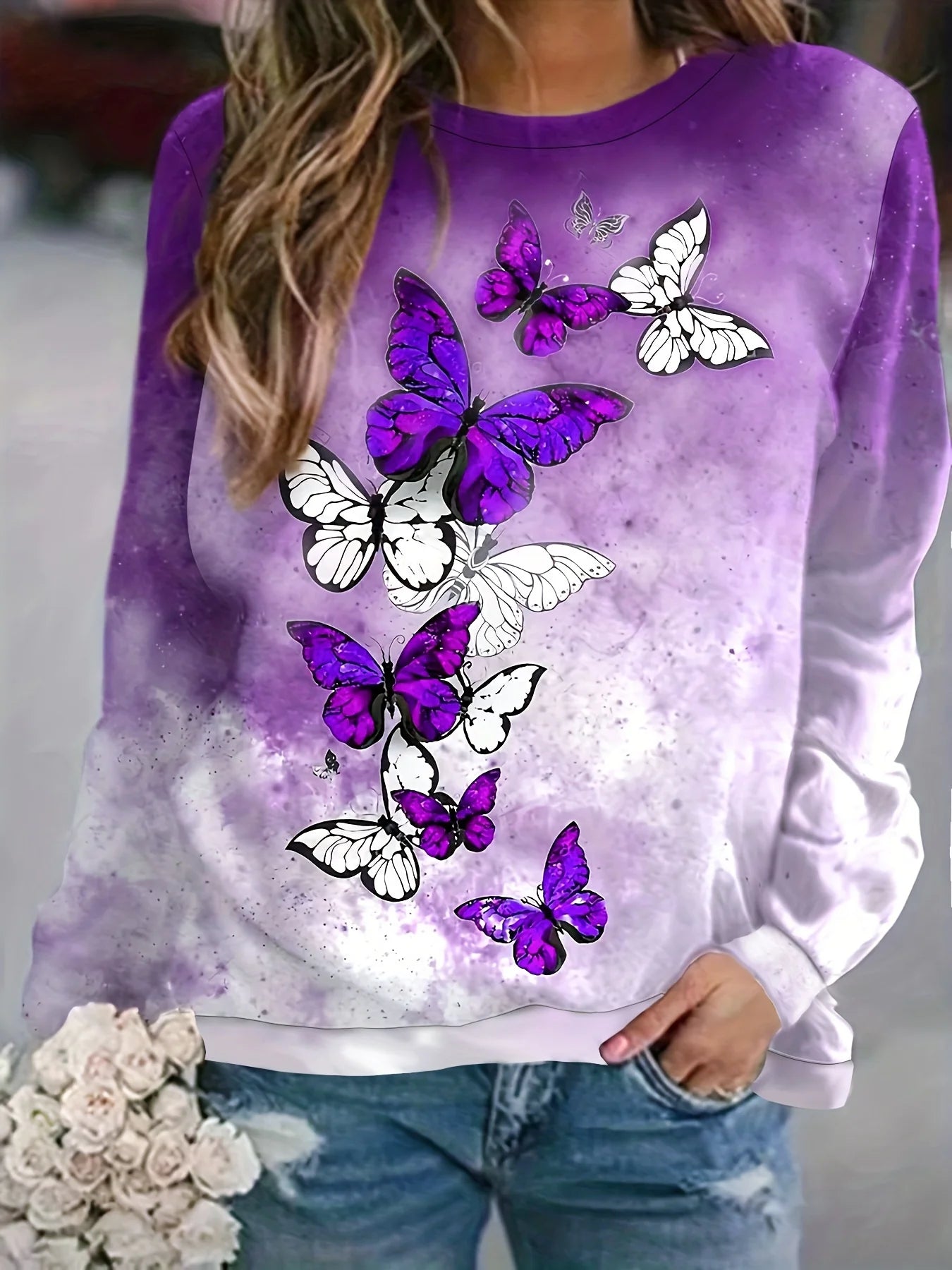 Felpa da Donna con Stampa Grafica Fiori Viola Scollo a O Pullover Casual a Maniche Lunghe in Poliestere Spandex
